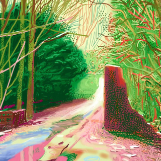Arrival of Spring, 2nd of January 2011, by still life artist David Hockney is a digitally drawn woodland path using soft pink and green brushstrokes.