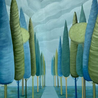 Rows of cone shaped trees line a clouded road in the dreamlike fine art landscape painting of Mina Alikhani, Follow (2026)