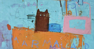 A drawing of a cat in a car by Ivan Montaña, titled Marmalade, is portrayed in a naive style, one of the main trending art styles 2026 is revealing.