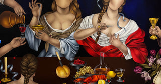 Modern surrealism paintings by Celine Ali portray faceless figures with deep emotion, as in The Last Banquet (2026)