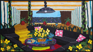 The artist Cooper's creation, Conversation Pit with Cheetah Print on Couch (2024) depicts a cheetah print sofa amidst climbing yellow blooms.