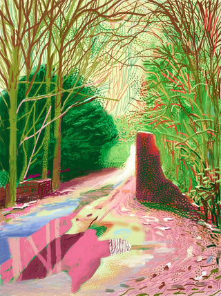 Arrival of Spring, 2nd of January 2011, by still life artist David Hockney is a digitally drawn woodland path using soft pink and green brushstrokes.