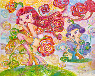 Among modern women artists who paint their lived experience, Bibi Lei depicts two colourful female figures surrounded by flowers in, Hopes & Bloomings (2026)
