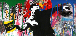 Mr Brainwash’s Banksy Thrower (2017) reimagines Banksy’s flower thrower motif through colourful pop street art and layered graffiti textures.