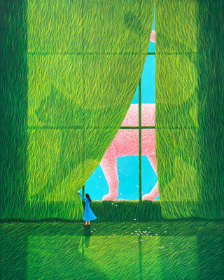 In her new series of nature inspired paintings, Mulgil Kim created a giant pink cat walking behind a grass curtain in, Spring Cat (2025)