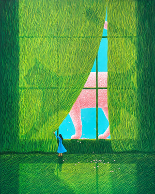 In her new series of nature inspired paintings, Mulgil Kim created a giant pink cat walking behind a grass curtain in, Spring Cat (2025)
