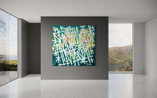 A wide open gallery room demonstrates how to hang a large canvas with a RETNA painting, Green Fields (2025) grabbing the room’s attention.