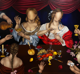Modern surrealism paintings by Celine Ali portray faceless figures with deep emotion, as in The Last Banquet (2026)
