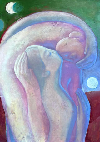 Miriam Dema’s body of work answers the question, ‘what is a figurative painter?’ as she exclusively paints the human form embracing, as in Lunas (2025)