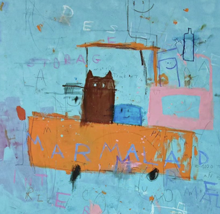 A drawing of a cat in a car by Ivan Montaña, titled Marmalade, is portrayed in a naive style, one of the main trending art styles 2026 is revealing.