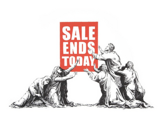 Beggars hold up a sign that says, “Sale Ends Today’ in Sale Ends V2 (2017) by Banksy, alluding to the irony that art as an asset class is among the safest investment during recession