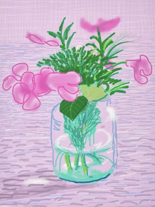 A bouquet of pink flowers sits on a pink surface in this David Hockney iPad Drawing, A Bigger Book, Untitled 329.