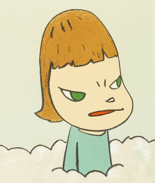 Yoshitomo Nara In The Cloud lithograph featuring a solitary childlike figure rendered in Nara’s signature soft, emotive style against a dreamy cloud backdrop.