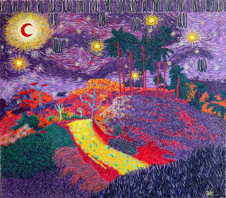 Pointillist art by Touils The Path Of The Stars (2026) depicts a red moon and gold stars glowing over fiery woodland.