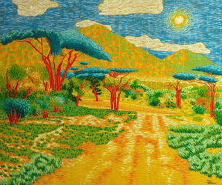 Touils, The Path to the Hills (2026), is a modern impressionist landscape painting of a yellow road winding toward green and gold mountains under a blue sky.