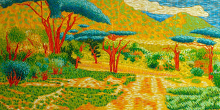 Touils, The Path to the Hills (2026), is a modern impressionist landscape painting of a yellow road winding toward green and gold mountains under a blue sky.
