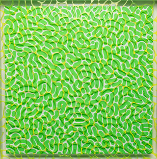 This contemporary optical art piece by Lefty Out There, Virdis Flo (2024), shows bright green interlocking polymorphs.