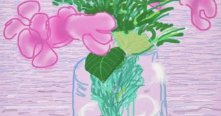 A bouquet of pink flowers sits on a pink surface in this David Hockney iPad Drawing, A Bigger Book, Untitled 329.