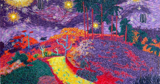 Pointillist art by Touils The Path Of The Stars (2026) depicts a red moon and gold stars glowing over fiery woodland.
