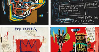 This portfolio of four of the most valuable prints by Jean Michel Basquiat shows colourful abstract faces and symbols, interspersed with scribbled text.