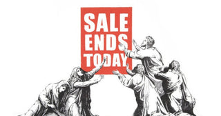 Beggars hold up a sign that says, “Sale Ends Today’ in Sale Ends V2 (2017) by Banksy, alluding to the irony that art as an asset class is among the safest investment during recession