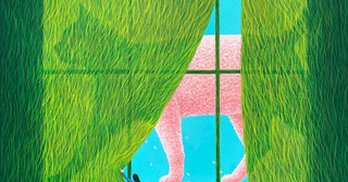In her new series of nature inspired paintings, Mulgil Kim created a giant pink cat walking behind a grass curtain in, Spring Cat (2025)