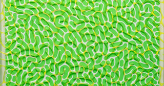 One of today’s leading contemporary Op artists, Lefty Out There, created this artwork titled Virdis Flo (2024), with bright green interlocking polymorphs.