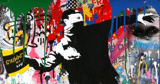 Mr Brainwash’s Banksy Thrower (2017) reimagines Banksy’s flower thrower motif through colourful pop street art and layered graffiti textures.