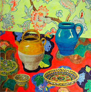 Michael Slusakowicz, Composition with Five Ceramic Objects, 2021 contemporary Painting by the Polish Artist.