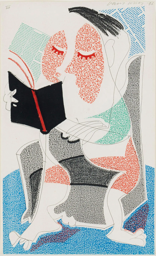 David Hockney, Man reading Stendhal, 1986 contemporary Print by the British Artist.