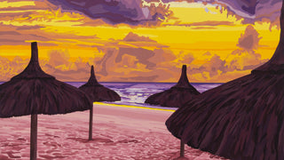 A stylized beach sunset painting with purple and yellow clouds, a pink sand foreground, ocean water, and several dark thatched beach umbrellas.