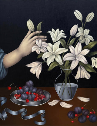 Celine Ali, Still Life with Lilies and Plums, 2026 contemporary Painting by the Romanian Artist.