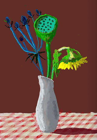 David Hockney, 19th March 2021, Sunflower with Exotic Flower, 2021 contemporary Works on Paper by the British Artist.