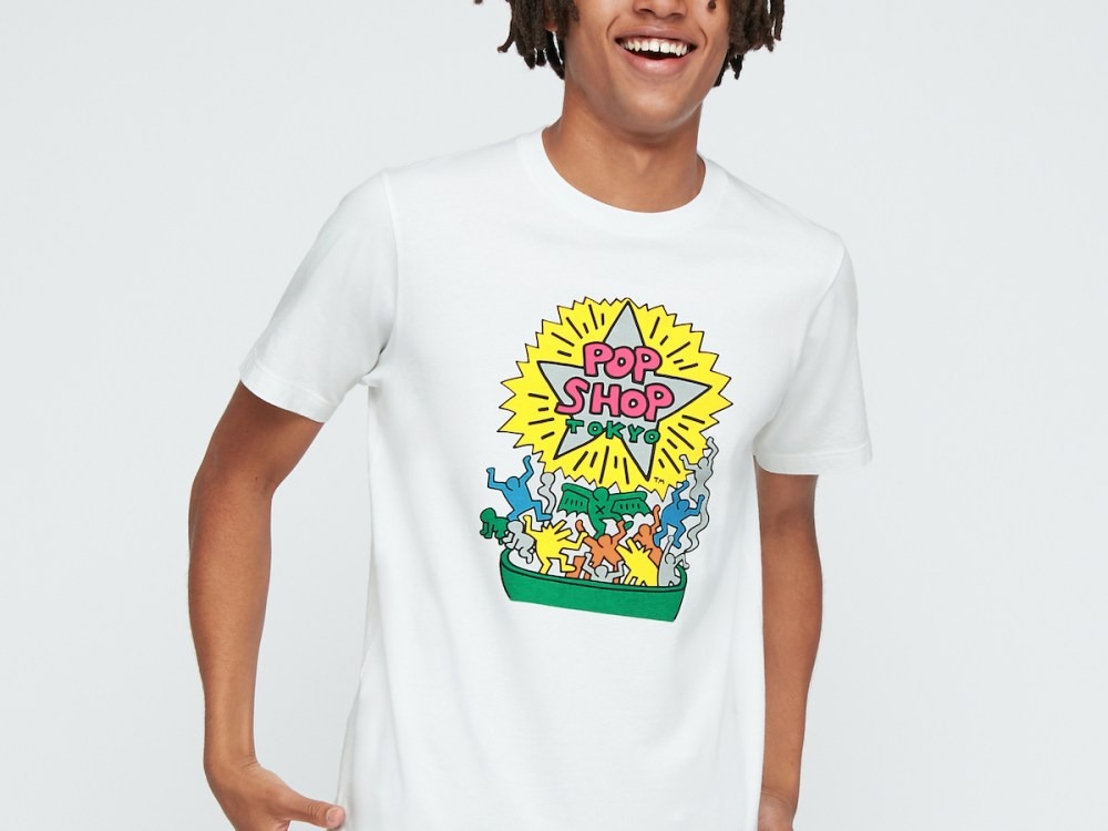 A model wears a Pop Shop T-shirt from Uniqlo&rsquo;s  collection, an art and fashion brand collaboration created with Keith Haring&rsquo;s artwork