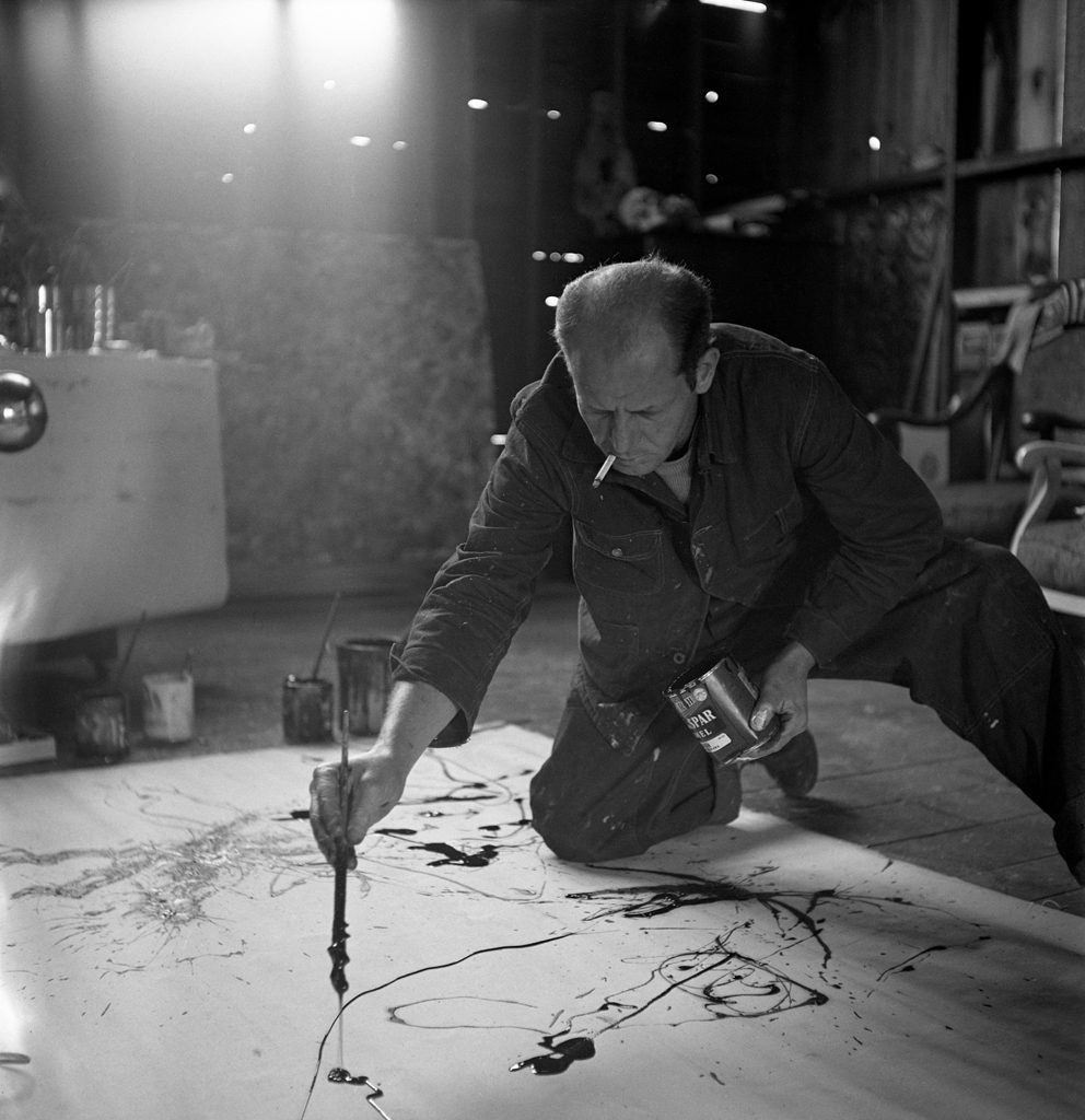 Jackson Pollock working in his Long Island studio in 1949, as part of a post-war effort to bolster the art market during recession.