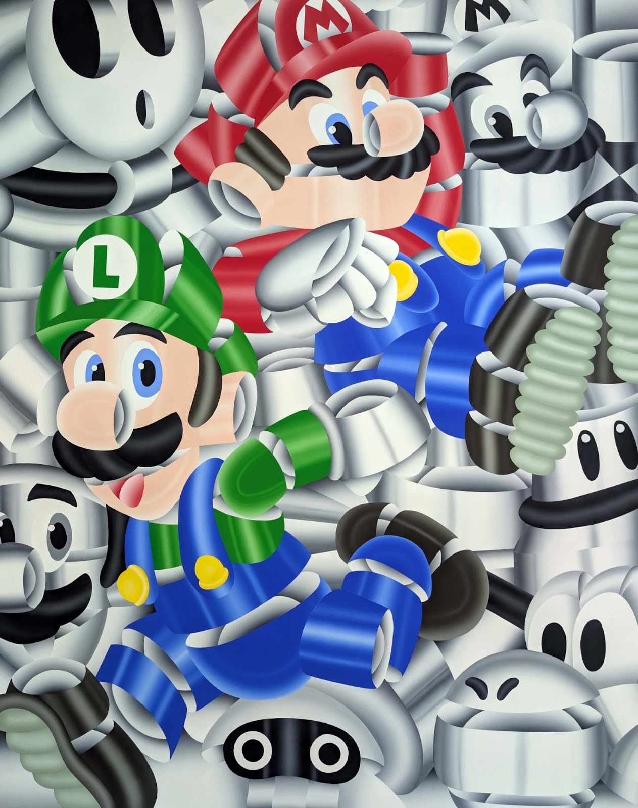 In Geoffrey Bouillot&rsquo;s &lsquo;Pixel Pursuit,&rsquo; the Super Mario brothers are deconstructed into ribbons in a sharp painting style, indicative of current trends in art in 2026