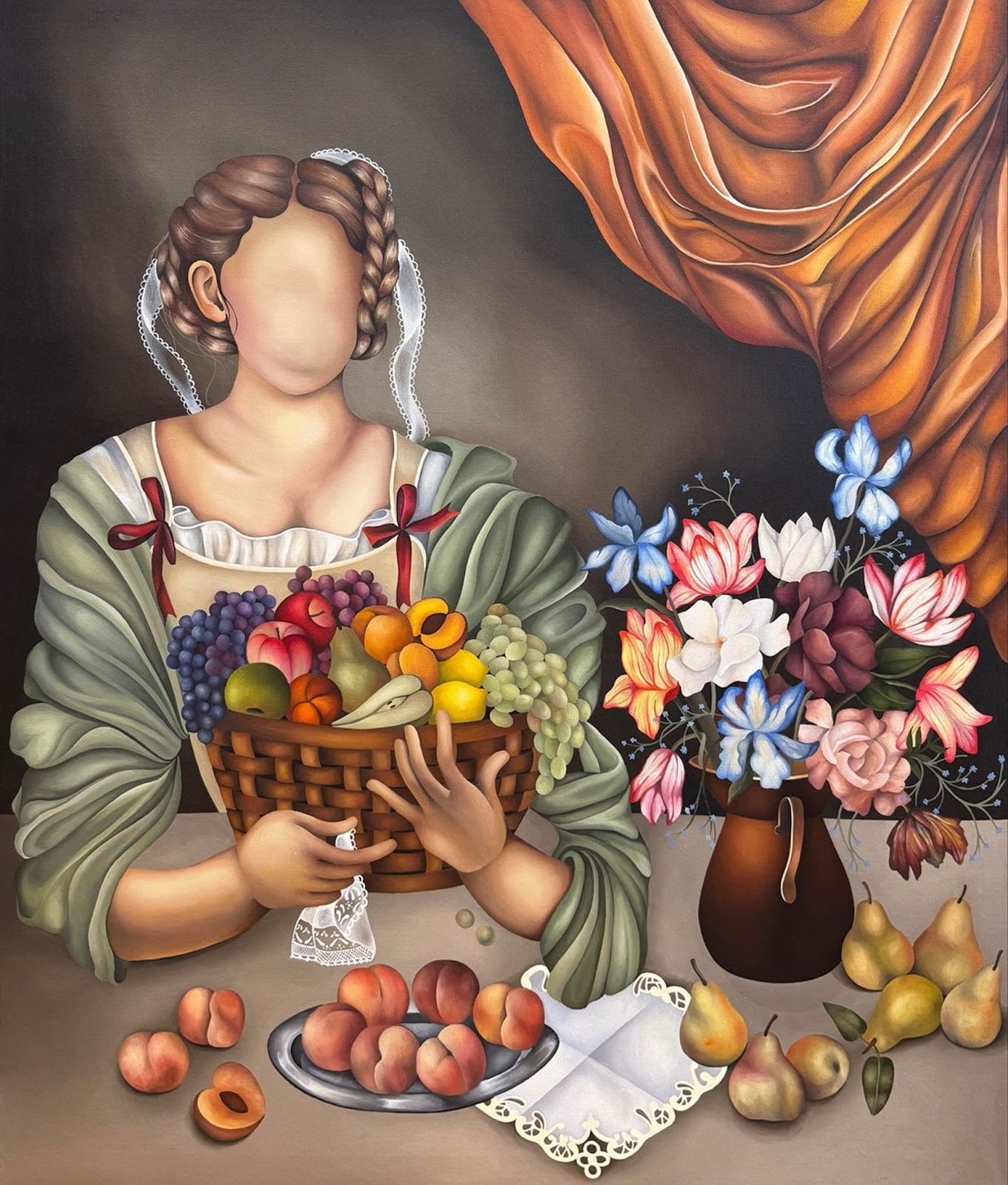 For those curious about what art is trending in 2026, this faceless &lsquo;Woman Holding a Basket of Fruit&rsquo; by Celine Ali is an example of the distorted portraiture seen in fine art trends 2026.