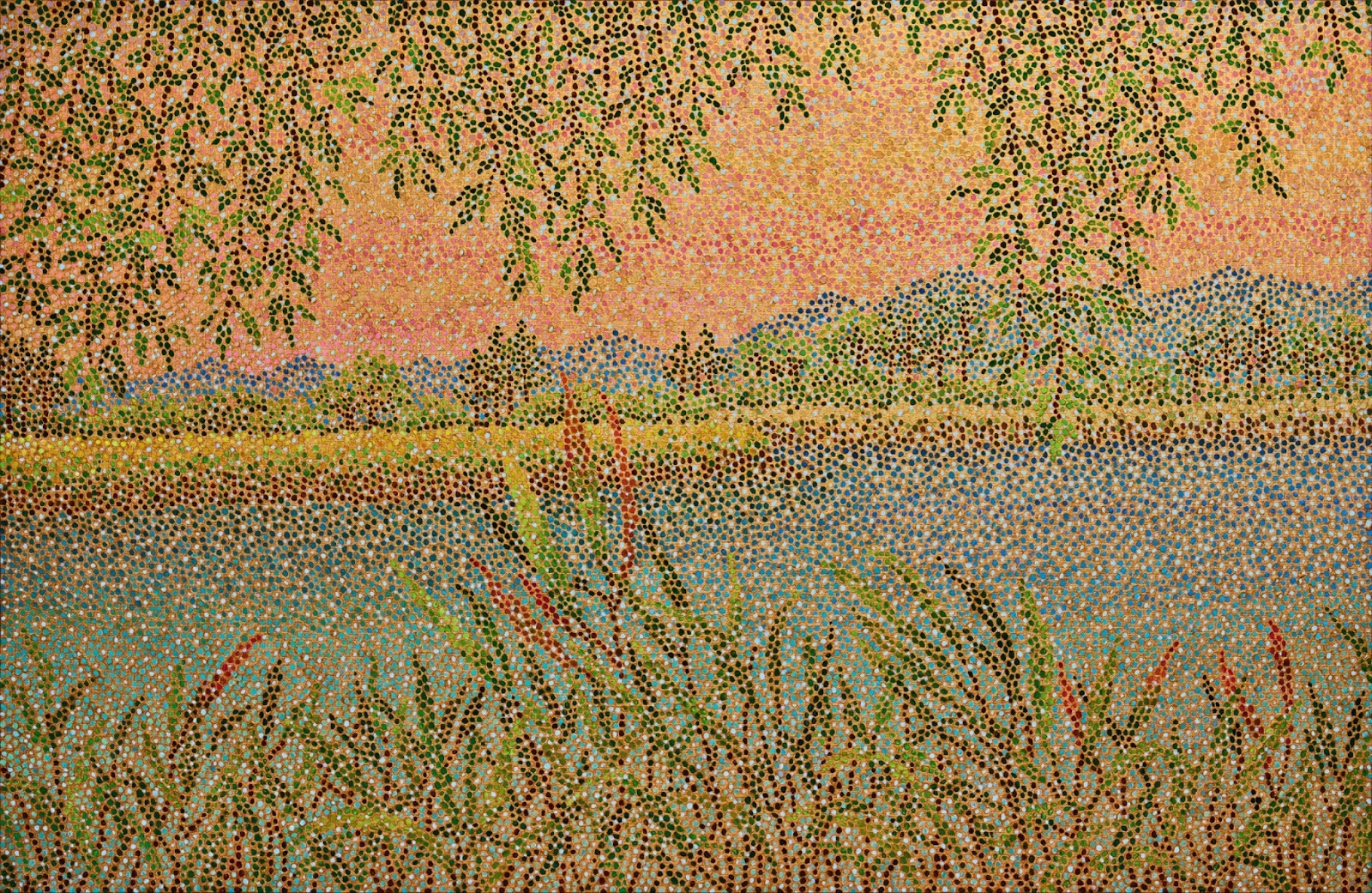 Thousands of tiny dots painted by INAE depict a field of grass and a hazy sky in &lsquo;Ripples of Silence,&rsquo; painted in a grainy, blurred atmospheric style, one of the popular art styles 2026 is revealing.