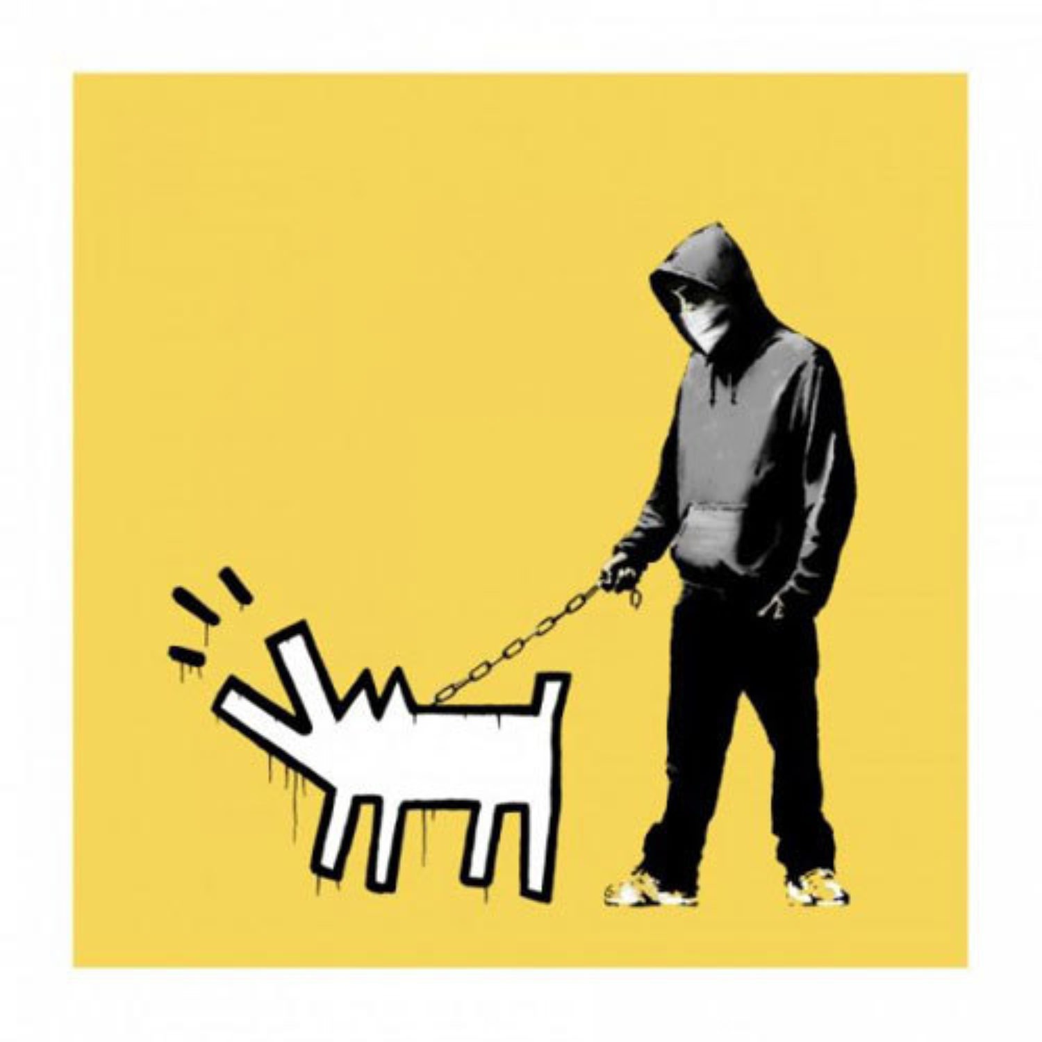 An angry cartoon dog barks as a man in a mask holds it back in &lsquo;Choose Your Weapon (Soft Yellow) Unique,&rsquo; by Banksy, whose works, protected by the art liquidity paradox, are some of the best illiquid investments available in fine art investment.