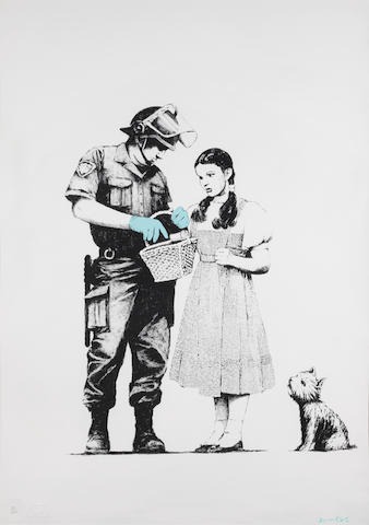 A great opportunity to buy Banksy limited edition prints is 'Stop and Search' (Signed) (2007), showing a riot police searching Dorothy from the Wizard of Oz.
