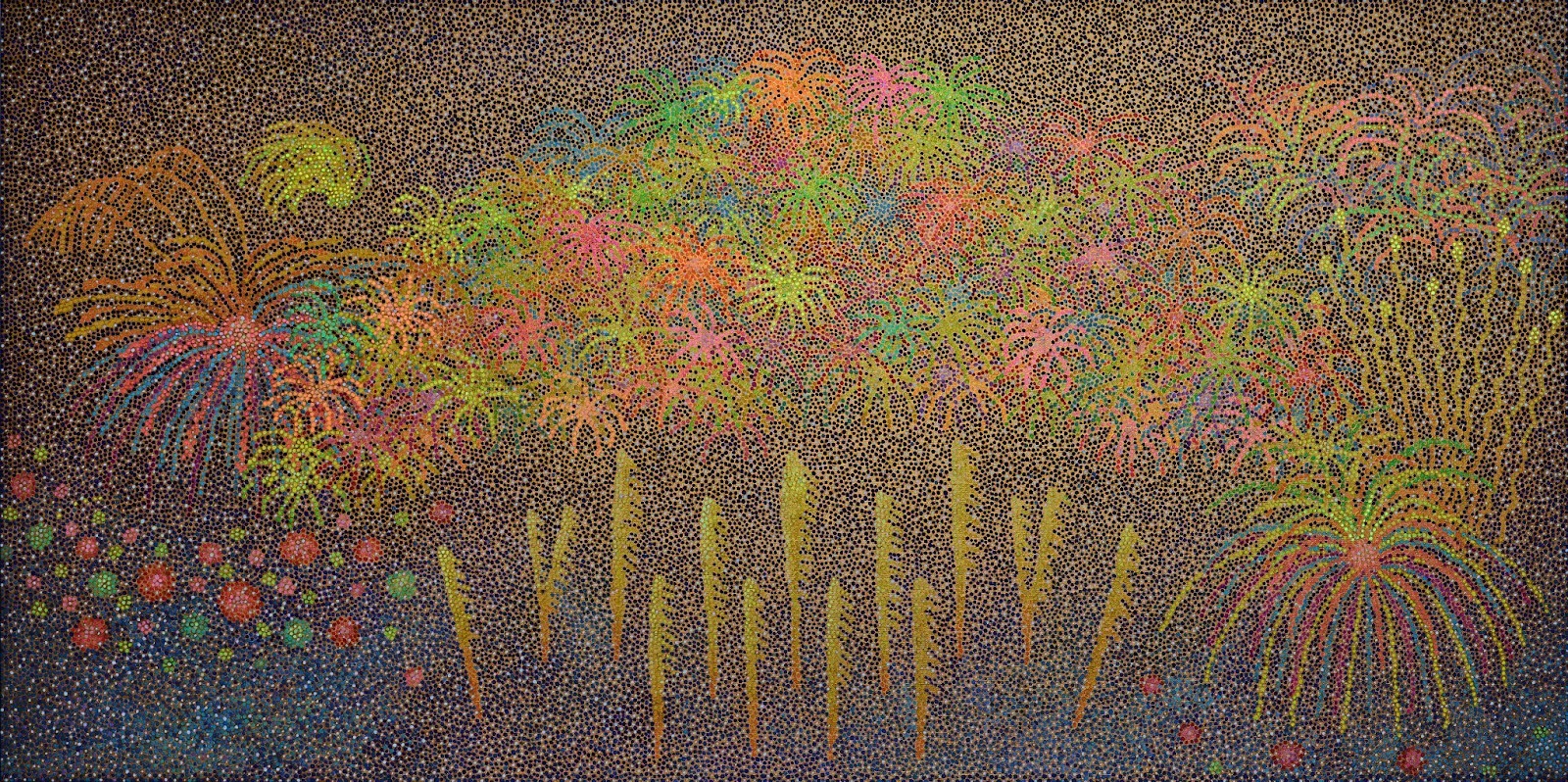 Among the roster of exciting young new women artists at Maddox, INAE paints fireworks in hundreds of tiny golden circles, in The Moment of Eternity (2025)