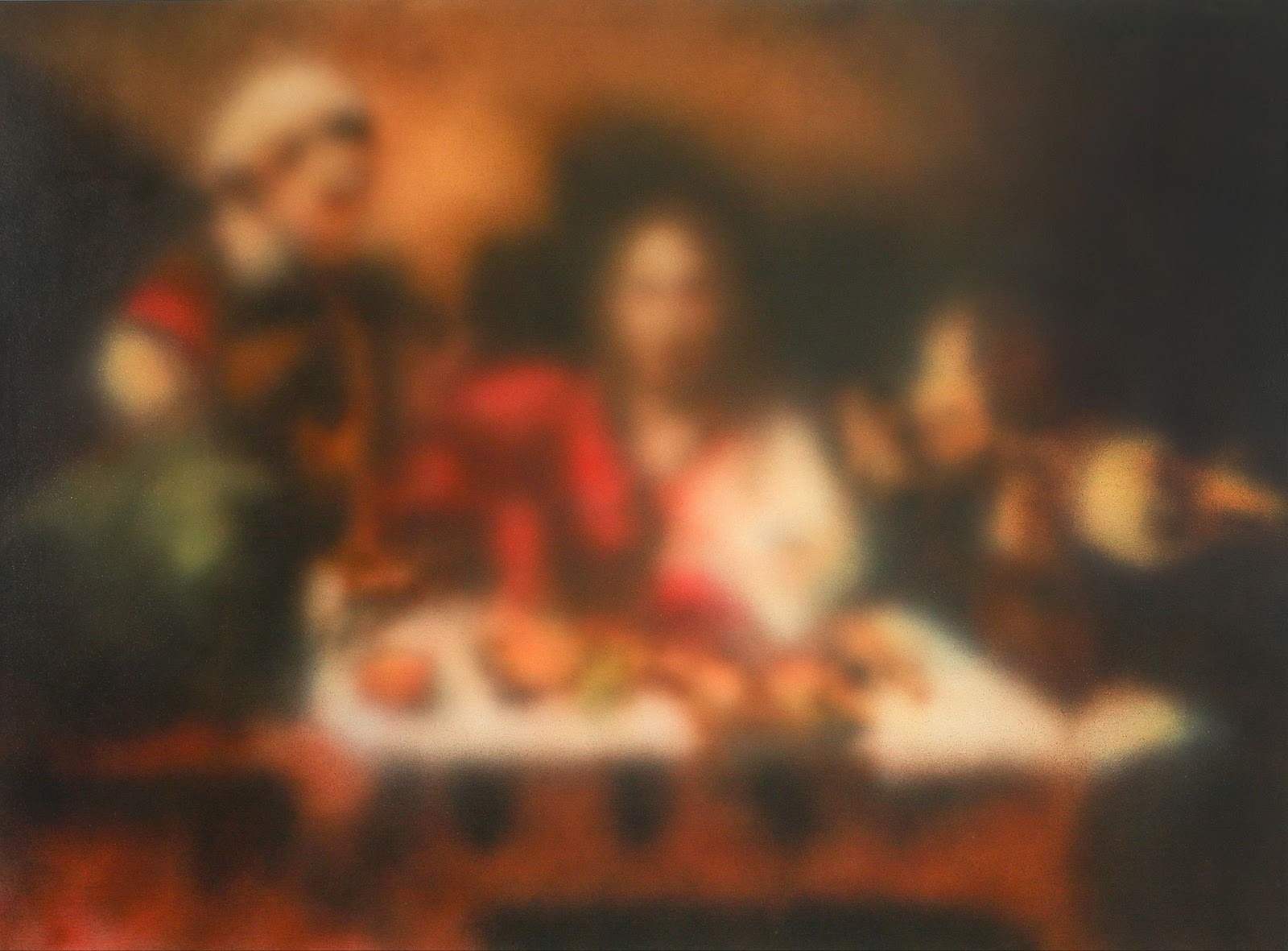 This modern Renaissance artwork by Miaz Brothers, Axis Around the Island (2020), depicts people in a dimly lit room with intentionally blurred detail.