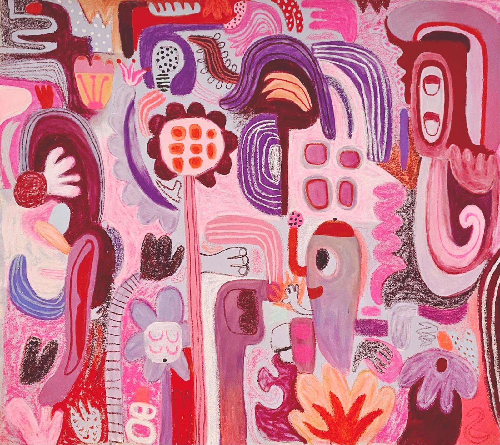 In one of our Naive art examples, pink creatures and flowers create rhythmic patterns in, It Was Beautiful, But Too Much (2025), by Fanny Brodar