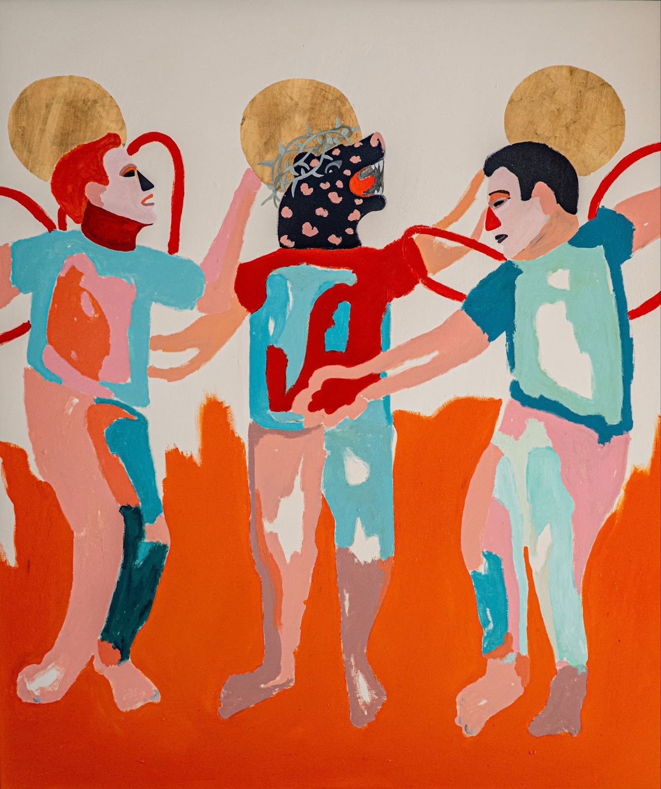 Colourful people, painted in a Naive abstract art style, seem to dance together in Crocifissione di Ges&ugrave; e i Due Ladroni (2024) by Alessandro Florio