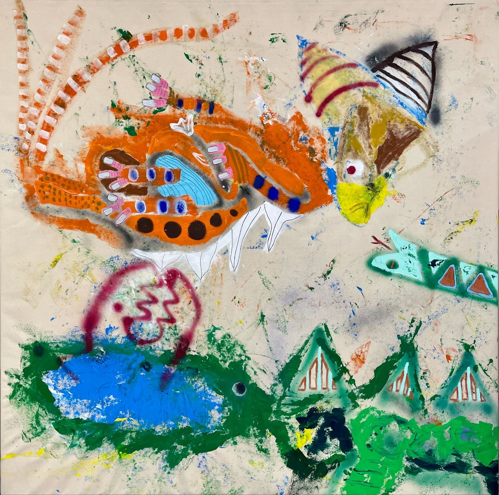 Colourful creatures, created in a childlike Naive painting style, converge in the center of this artwork titled 8 Lives (2025) by Naive artist Niall Campbell Strachan.