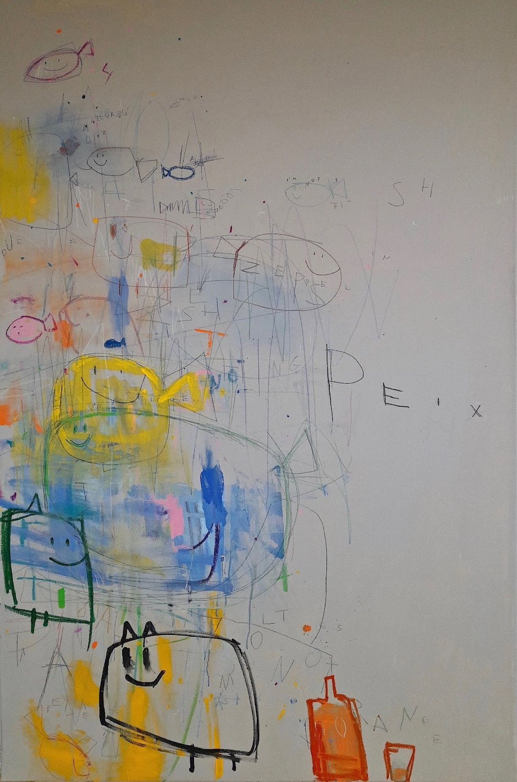 Naive artist Iv&aacute;n Monta&ntilde;a paints in a childlike Naive abstract art style in this artwork, Peix, Cats & Orange Juice (2024).