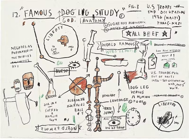 One of the Basquiat paintings worth a higher price, Dog Leg Study (2019) uses anatomy to explore systems of control, violence, and belief.