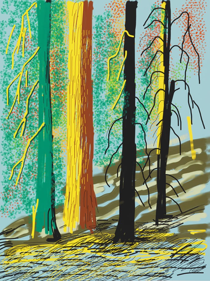 David Hockney&rsquo;s art is a classic example of figurative art, meaning art that represents the real world as in this landscape, 