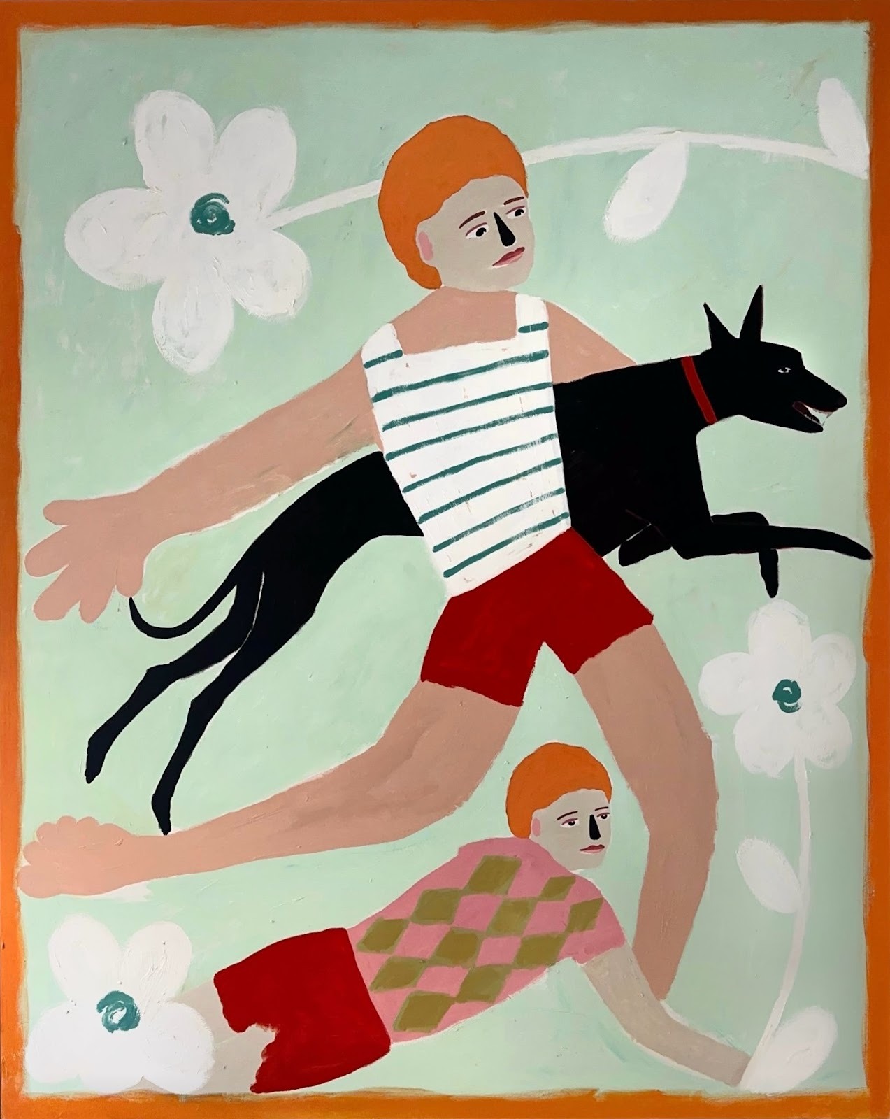 For Alessandro Florio, figures and animals are set against flat fields of colour, as in this figurative painting, Amore Mio (2024)