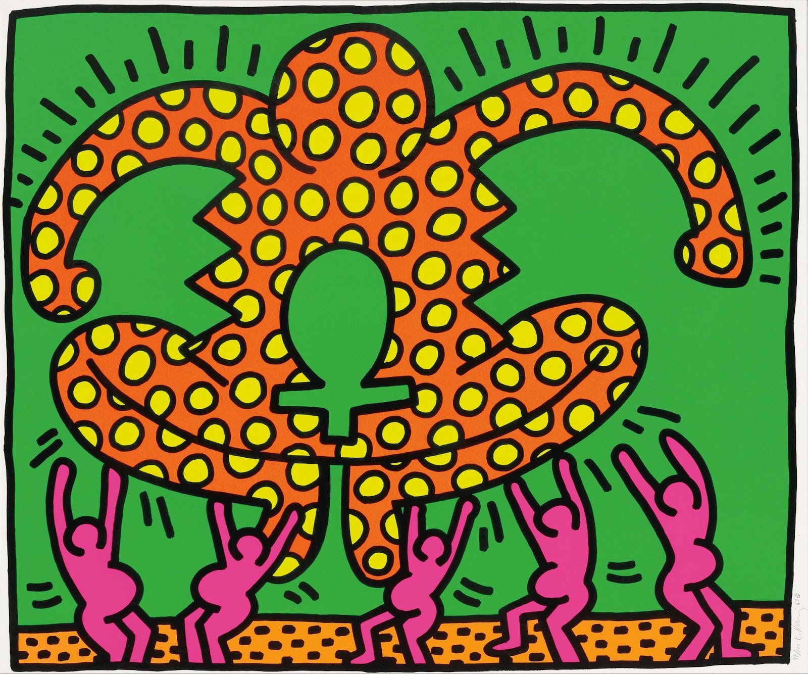 In his instantly recognizable figurative art, Keith Haring portrays dancing pregnant figures in Fertility Suite, Untitled 5 (1983)